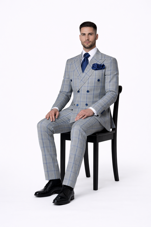 Suits With Baggy Pleated Pants - Wide Leg Pants 100% Wool - Classic Fit in Color Grey with Blue Plaid by Rossiman | USA Men's Outlet