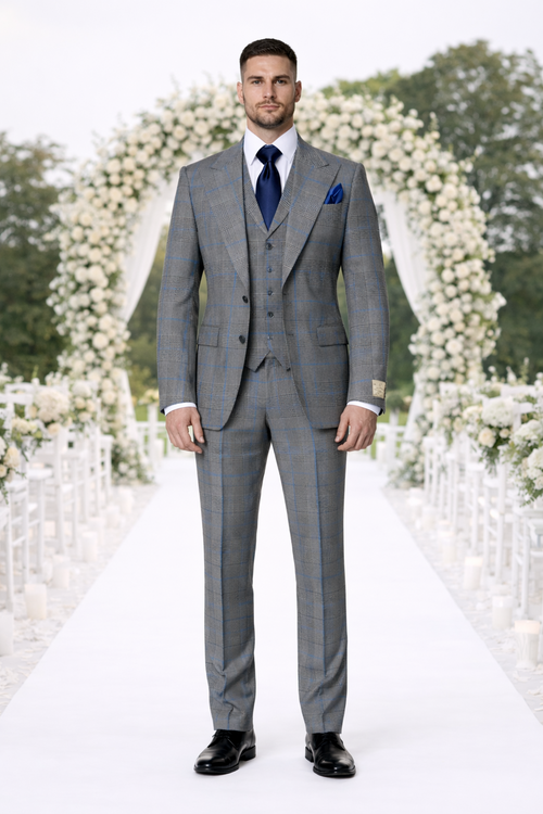 Suits With Baggy Pleated Pants - Wide Leg Pants 100% Wool - Classic Fit Gray Color by Rossiman USA Men's Outlet