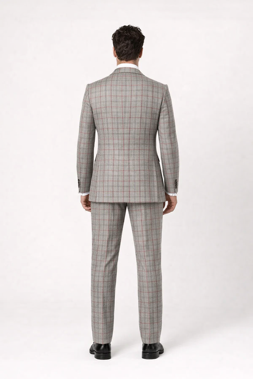 Suits With Baggy Pleated Pants - Wide Leg Pants 100% Wool - Classic Fit in Color Grey with Red Plaid by Rossiman - USA Men's Outlet