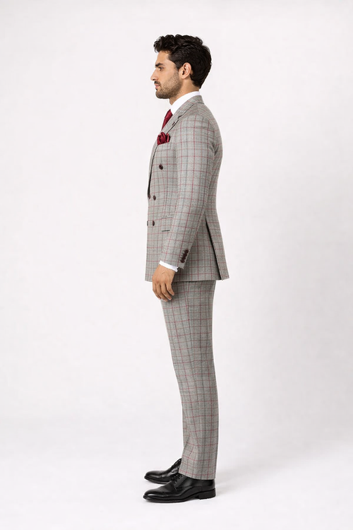 Suits With Baggy Pleated Pants - Wide Leg Pants 100% Wool - Classic Fit in Color Grey with Red Plaid by Rossiman - USA Men's Outlet