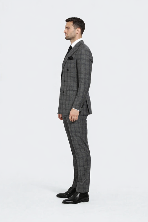 Suits With Baggy Pleated Pants - Wide Leg Pants 100% Wool - Classic Fit in Color Charcoal with Blue Plaid by Rossiman