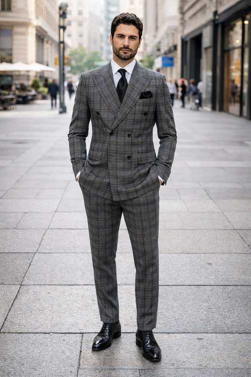 Suits With Baggy Pleated Pants - Wide Leg Pants 100% Wool - Classic Fit in Color Charcoal with Blue Plaid by Rossiman