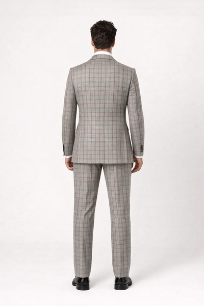 Suits With Baggy Pleated Pants - Wide Leg Pants 100% Wool - Classic Fit in Color Grey with Red Plaid by Rossiman