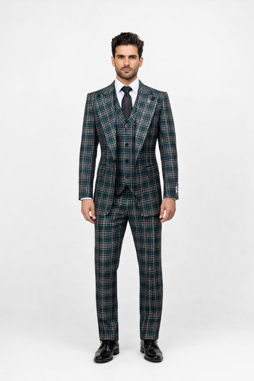 Suits With Baggy Pleated Pants - Wide Leg Pants 100% Wool - Classic Fit in Green Color by Rossiman