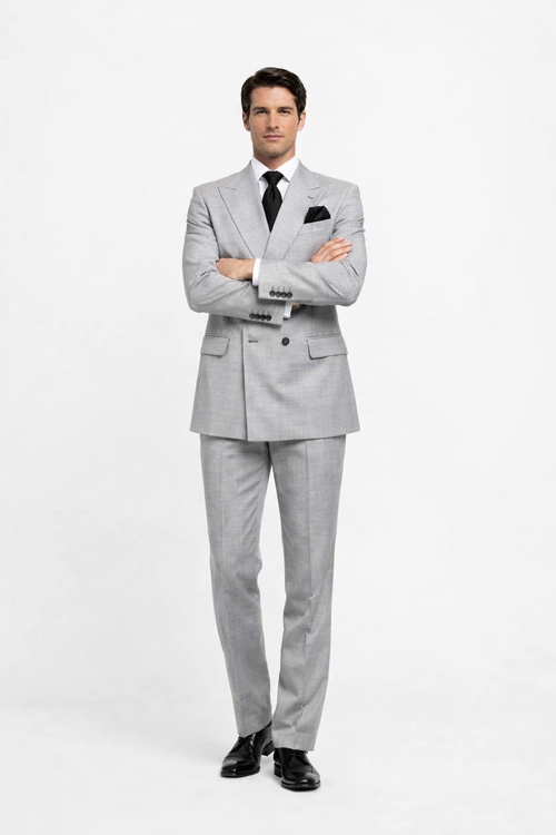Suits With Baggy Pleated Pants - Wide Leg Pants 100% Wool - Classic Fit in Grey Color by Rossiman USA Men's Outlet