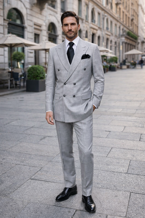 Suits With Baggy Pleated Pants - Wide Leg Pants 100% Wool - Classic Fit in Grey Color by Rossiman USA Men's Outlet