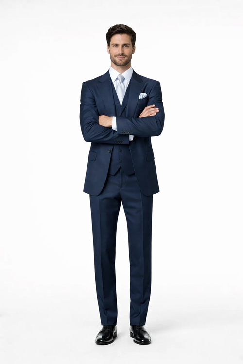 Suits With Baggy Pleated Pants - Wide Leg Pants 100% Wool - Classic Fit in Navy Single Breast Lapel by Rossiman