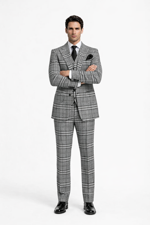 Suits With Baggy Pleated Pants - Wide Leg Pants 100% Wool - Classic Fit in One Button 3 Piece Suit by Rossiman