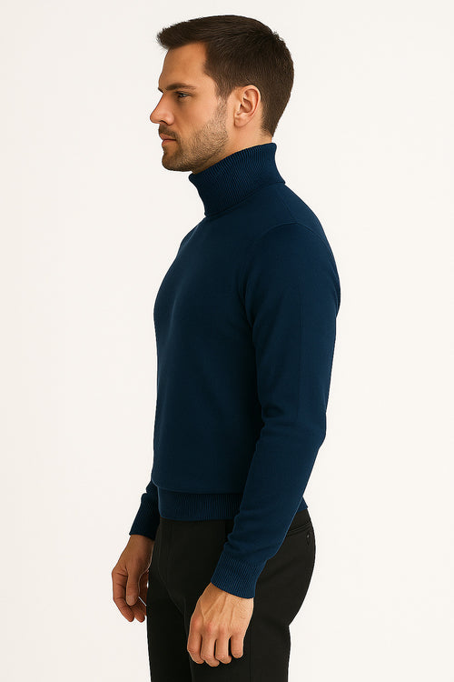 Men's Navy Blue Classic Turtleneck Sweater – Lightweight Knit Pullover