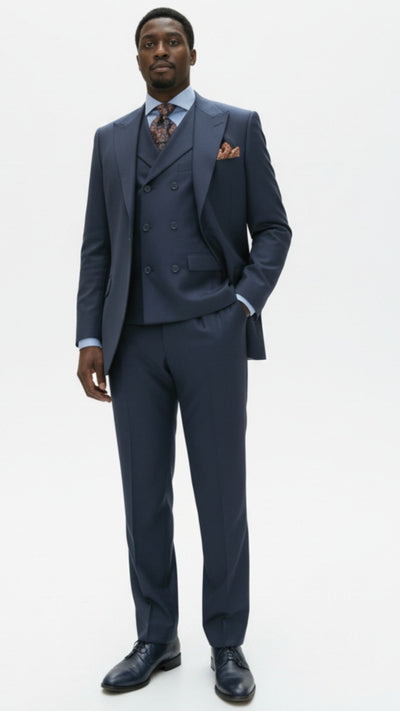 Mens Suit With Pleated Pants - Semi Wide Leg 100% Wool Super 150's Big Peak Lapel Classic Fit Athletic Cut With Double breasted Vest in Dusty Blue