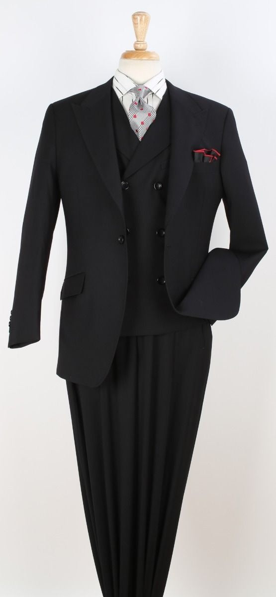 Mens Suit With Pleated Pants - Semi Wide Leg 100% Wool Super 150's Big Peak Lapel Classic Fit Athletic Cut With Double breasted Vest in Black – SuitUSA