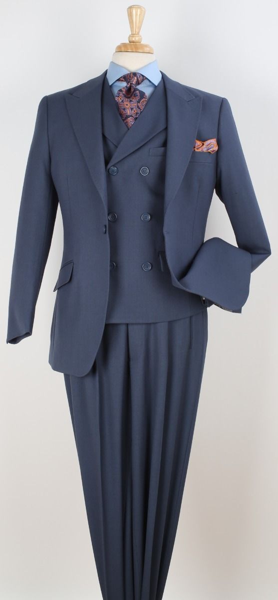 Mens Suit With Pleated Pants - Semi Wide Leg 100% Wool Super 150's Big Peak Lapel Classic Fit Athletic Cut With Double breasted Vest in Dusty Blue – SuitUSA