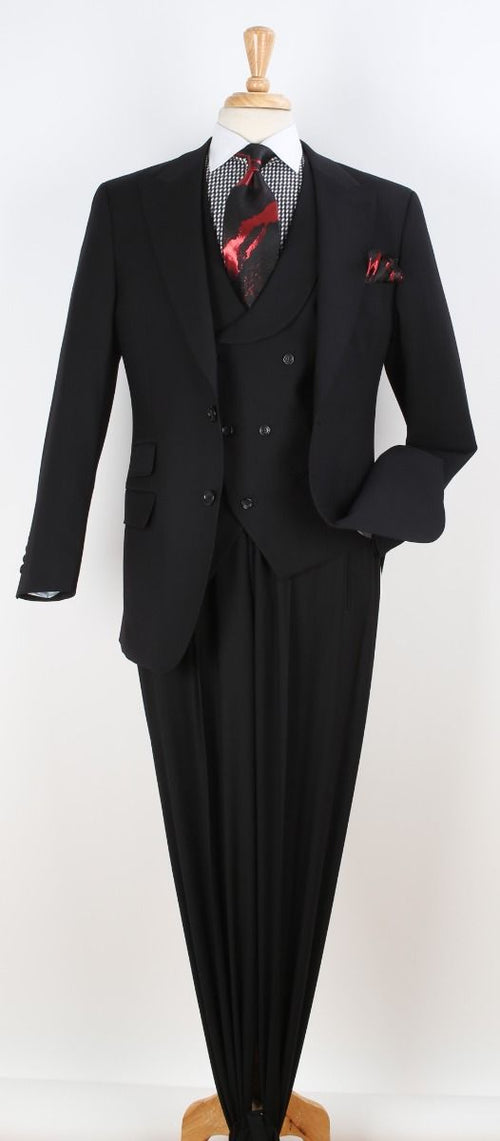 Mens Black Suit With Pleated Pants - Semi Wide Leg 100% Wool Super 150's Big Peak Lapel Classic Fit Athletic Cut With Double breasted Vest