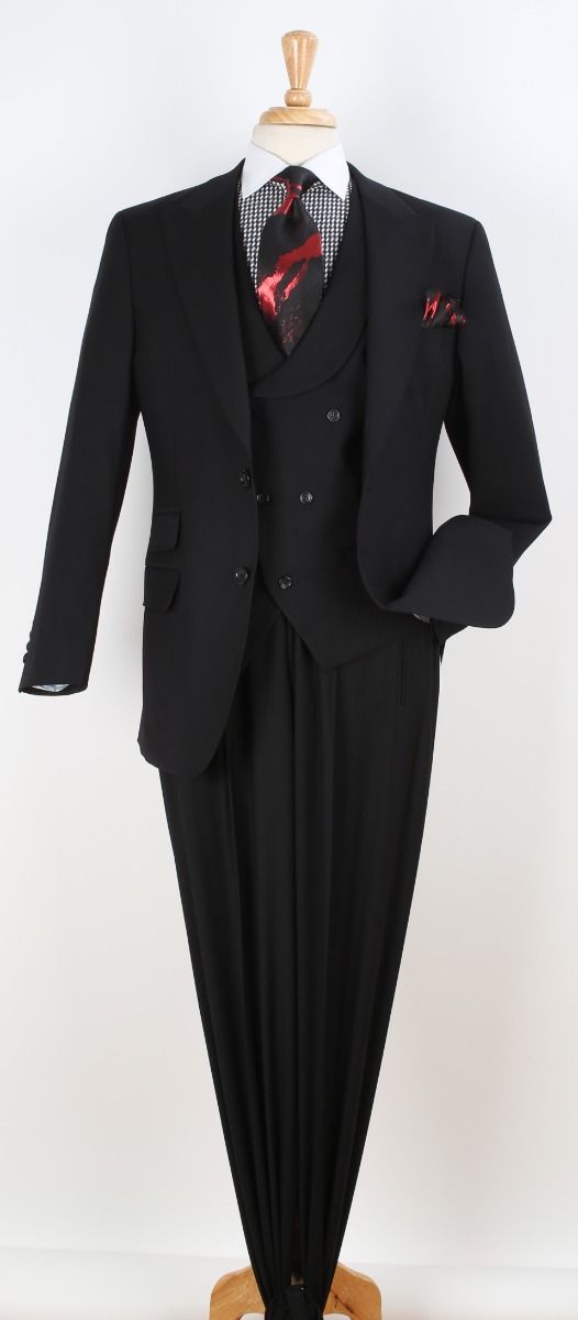 Mens Black Suit With Pleated Pants - Semi Wide Leg 100% Wool Super 150's Big Peak Lapel Classic Fit Athletic Cut With Double breasted Vest – SuitUSA