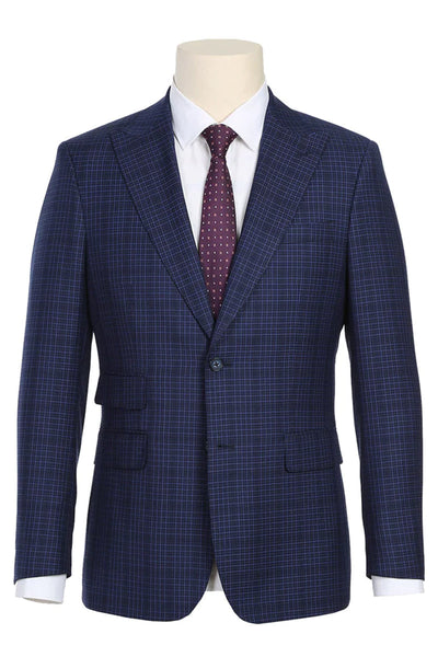 Mens Designer Two Button Slim Fit Peak Lapel Suit in Navy Blue Overcheck Plaid by Statement