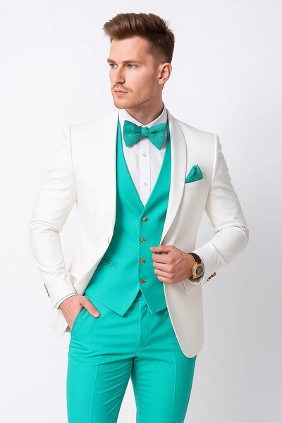 White and Turquoise Tuxedo Wedding Suit - White Dinner Jacket + Vest + Pants + Bow-tie