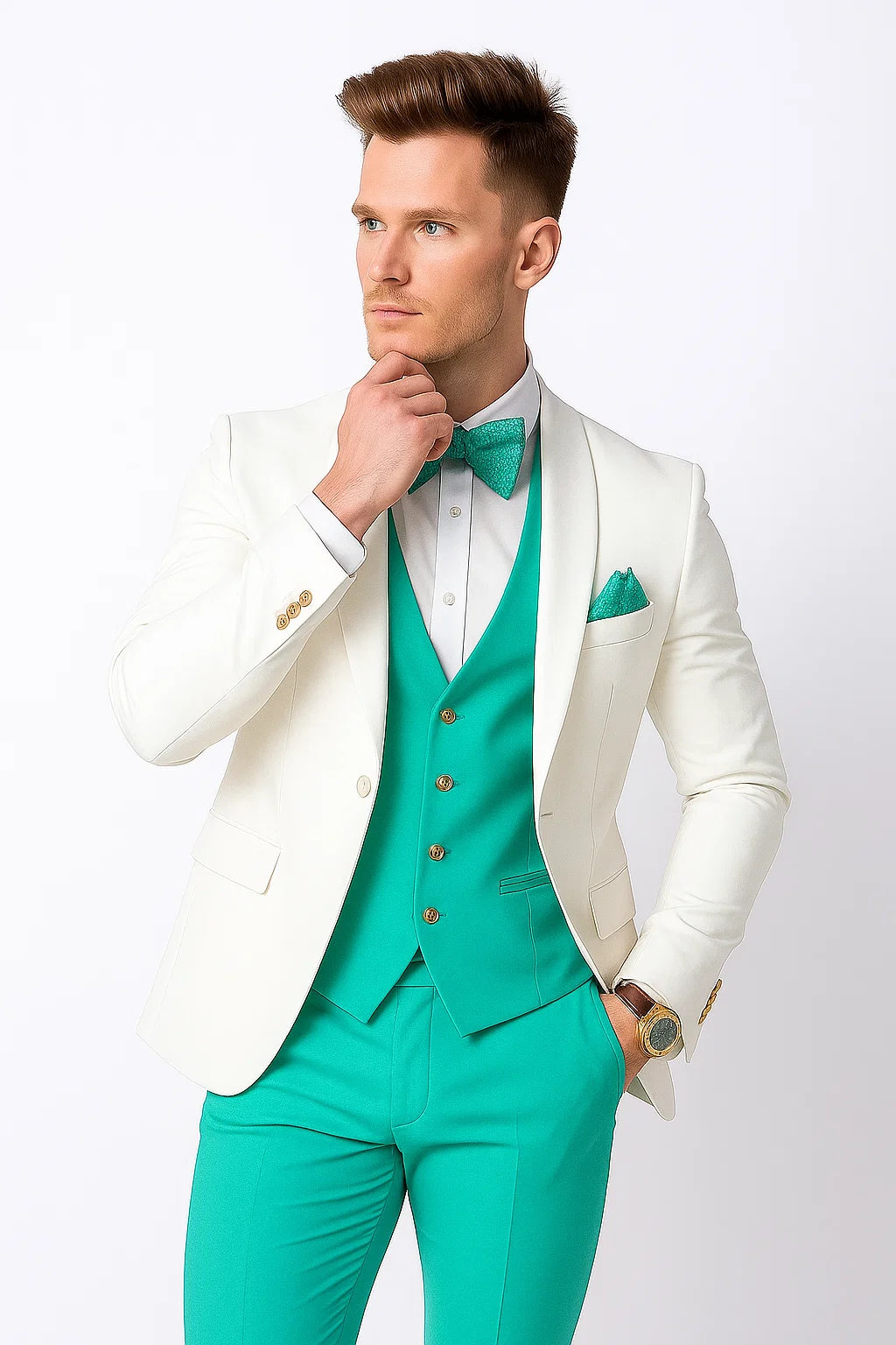 White and Turquoise Tuxedo Wedding Suit - White Dinner Jacket + Vest + Pants + Bow-tie