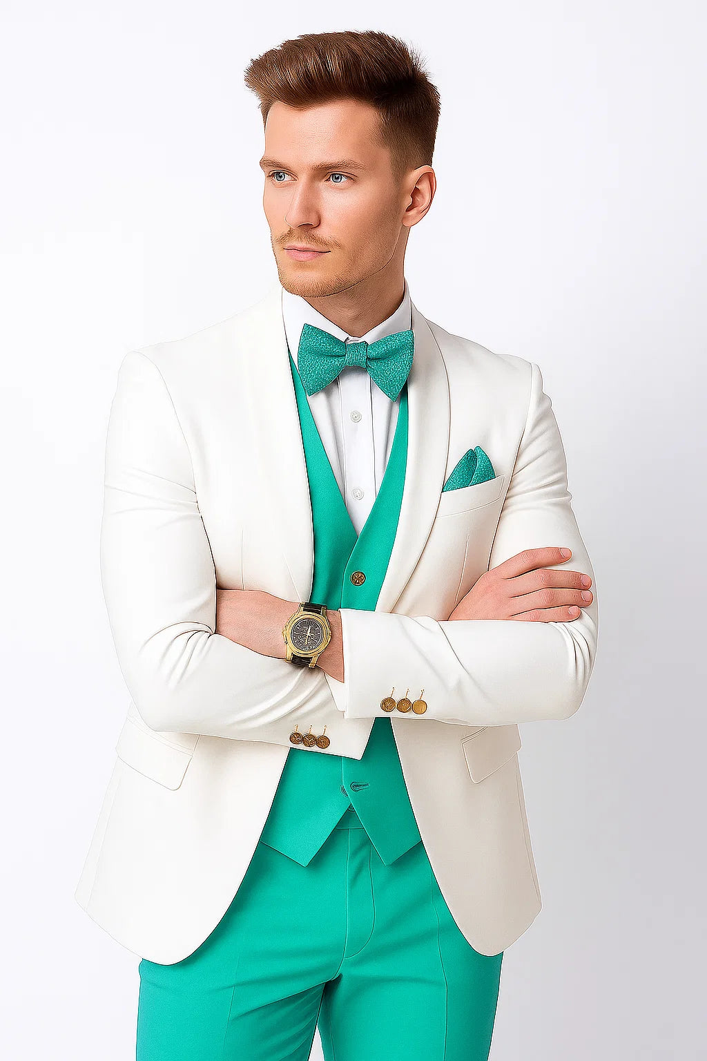 White and Turquoise Tuxedo Wedding Suit - White Dinner Jacket + Vest + Pants + Bow-tie
