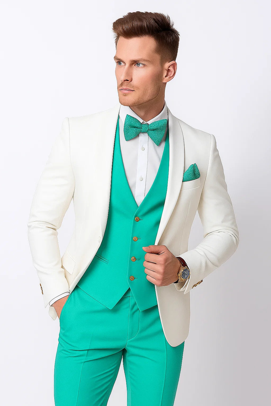 White and Turquoise Tuxedo Wedding Suit - White Dinner Jacket + Vest + Pants + Bow-tie