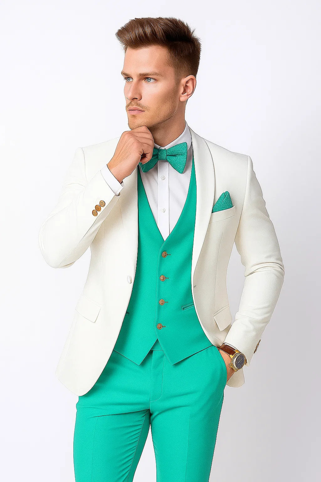 White and Turquoise Tuxedo Wedding Suit - White Dinner Jacket + Vest + Pants + Bow-tie