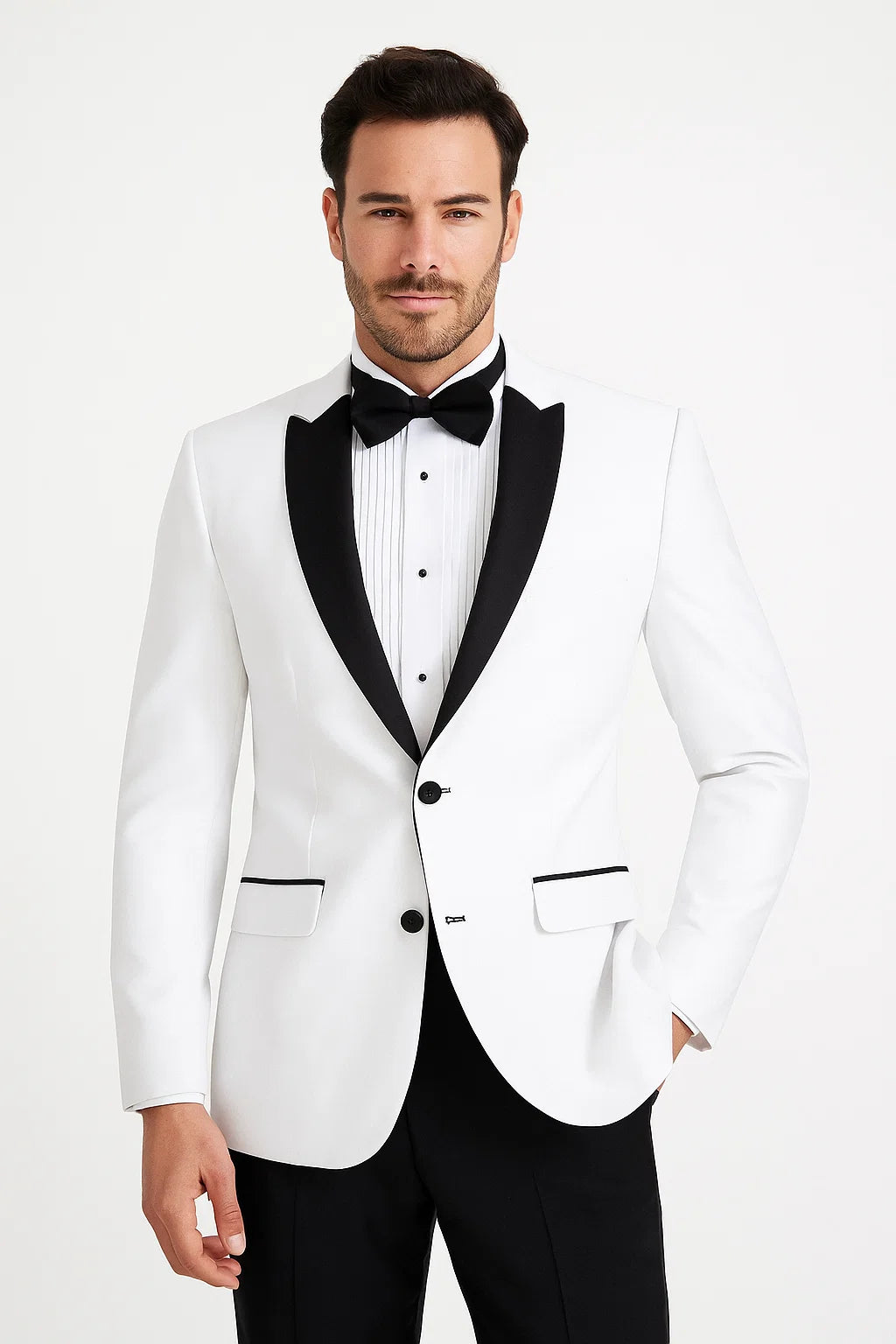 Mens 2 Buttton Slim Contrast Peak Lapel Satin Tuxedo in White – SuitUSA