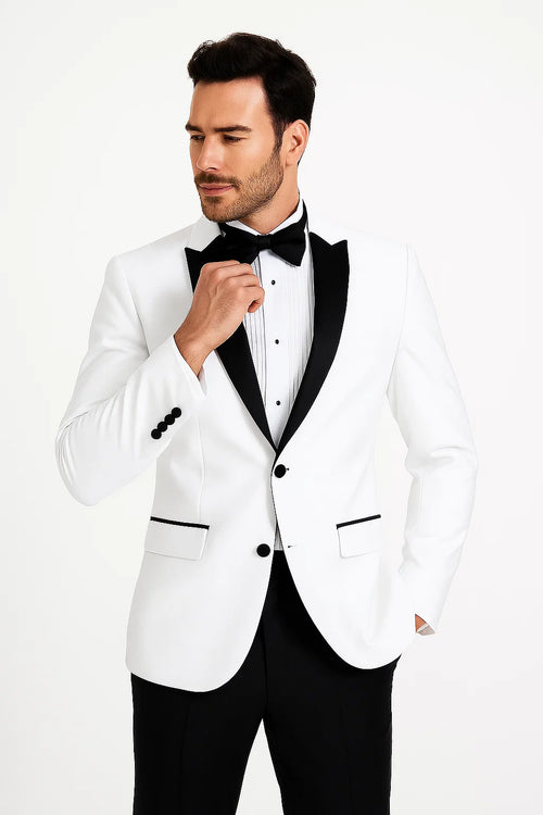 Mens 2 Buttton Slim Contrast Peak Lapel Satin Tuxedo in White