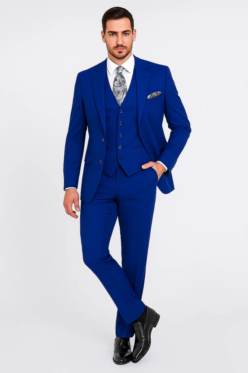 "Royal Elegance for Prom and Wedding: Apollo King Men's 3-Button Vested Suit in Majestic Blue"