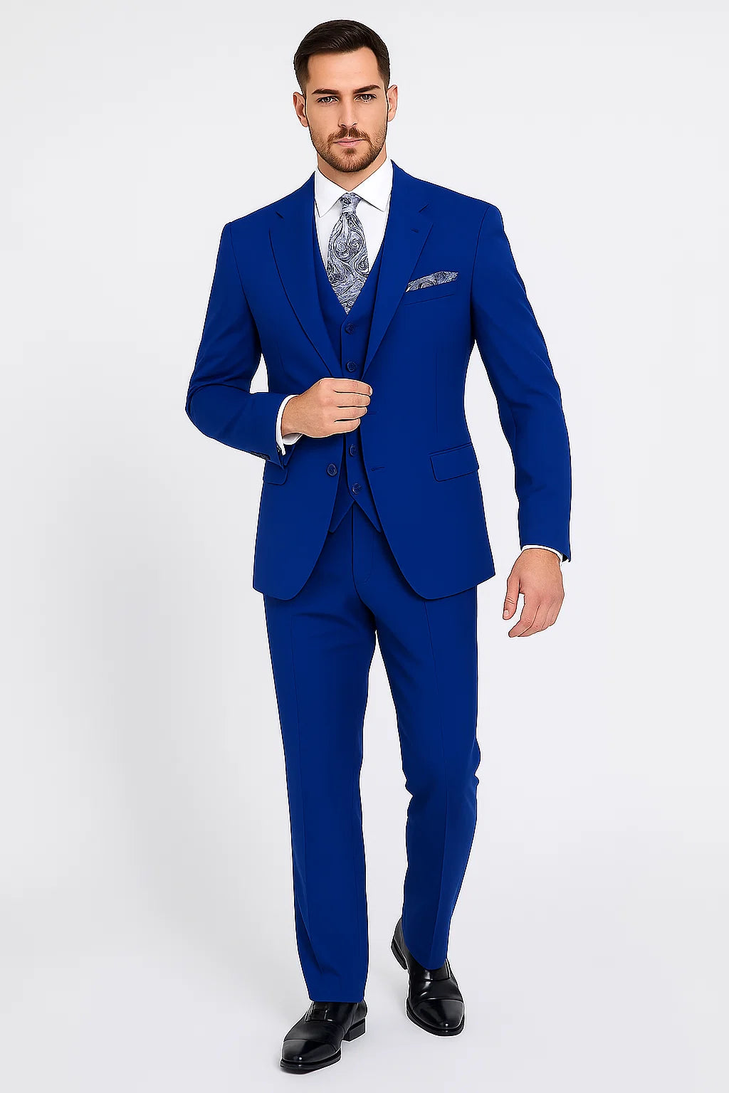 "Royal Elegance for Prom and Wedding: Apollo King Men's 3-Button Vested Suit in Majestic Blue"