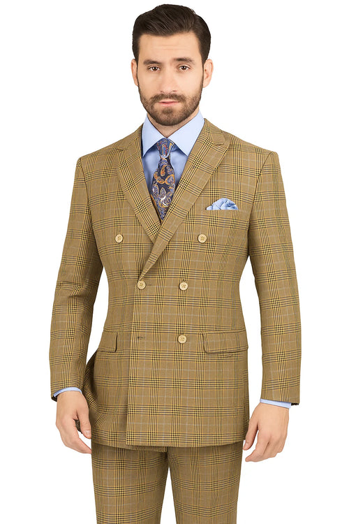 Mens Double Breasted Windowpane Plaid Suit in Mocha Light Brown