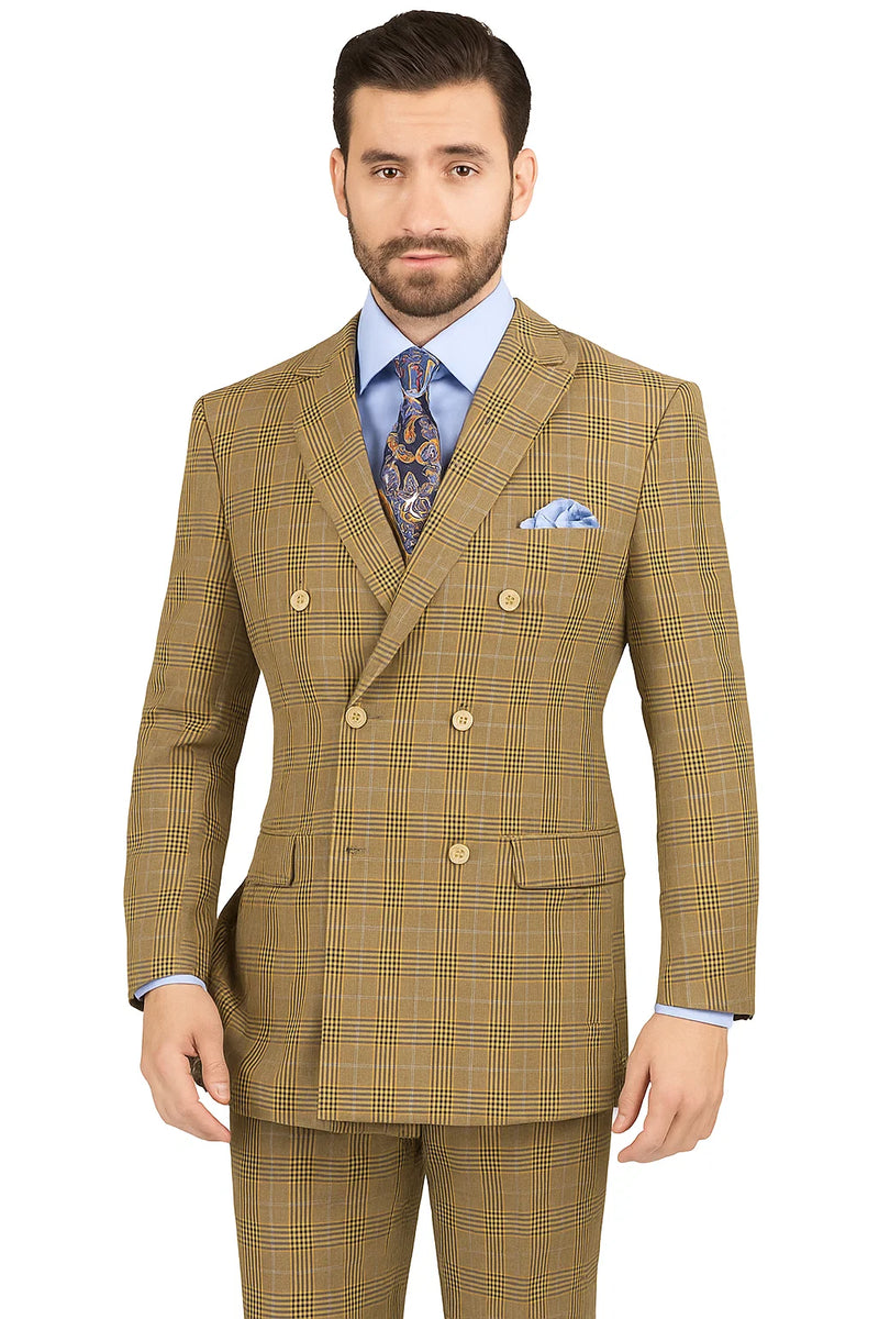Mens Double Breasted Windowpane Plaid Suit in Mocha Light Brown
