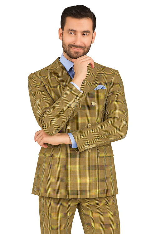 Mens Double Breasted Windowpane Plaid Suit in Mocha Light Brown