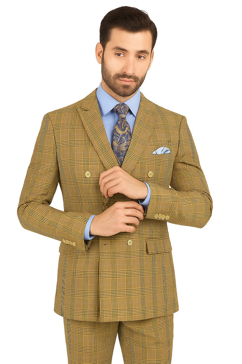 Mens Double Breasted Windowpane Plaid Suit in Mocha Light Brown