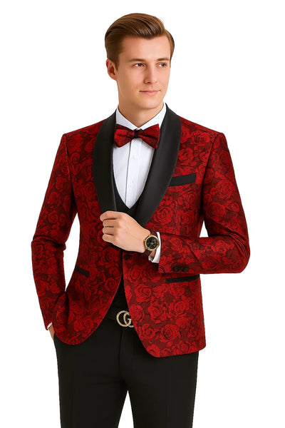Red/Black Prom Tuxedo Suit - Red/Black Wedding Suit - Men's One Button Slim Fit Shiny Paisley Floral Vested Prom Tuxedo