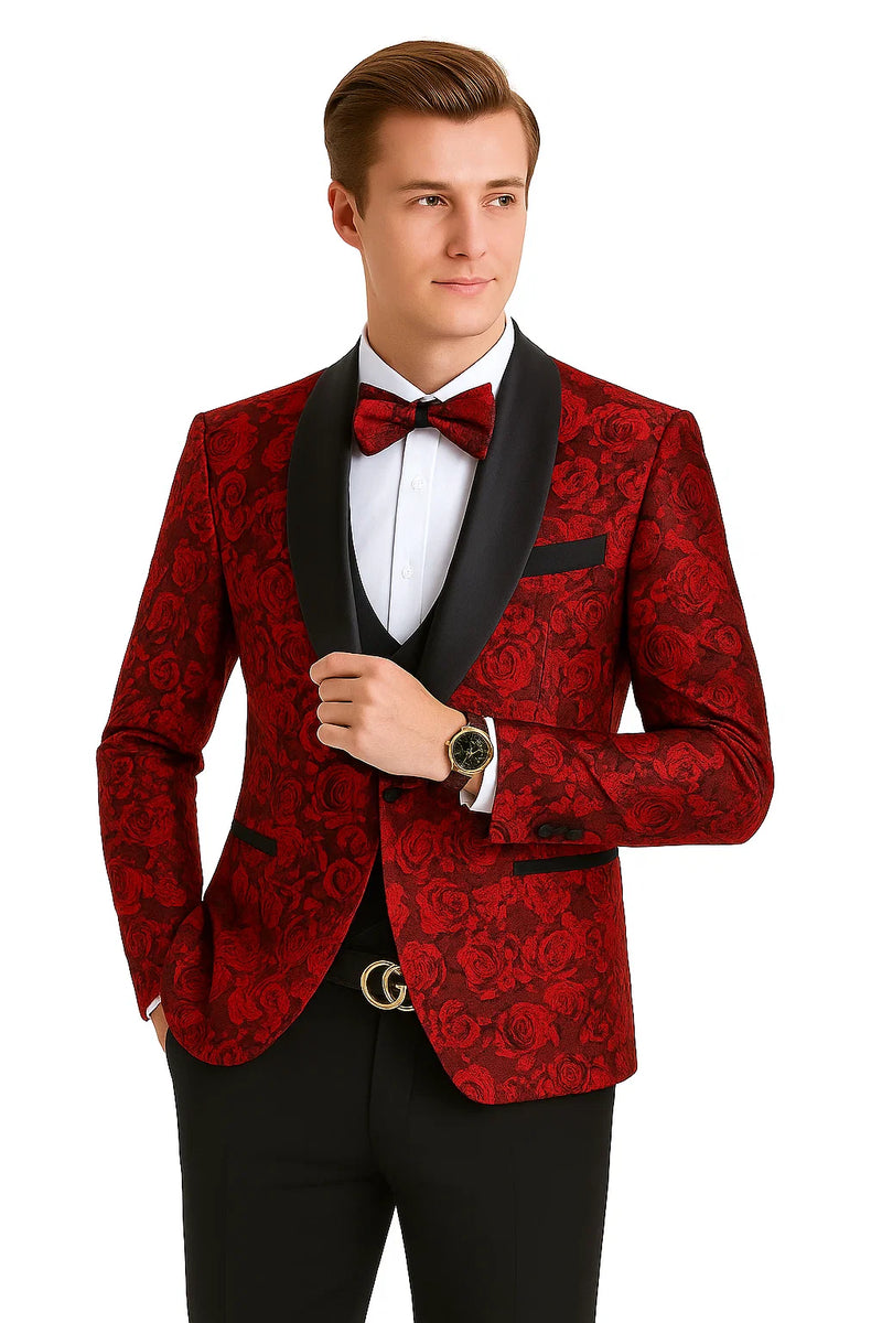 Red/Black Prom Tuxedo Suit - Red/Black Wedding Suit - Men's One Button Slim Fit Shiny Paisley Floral Vested Prom Tuxedo