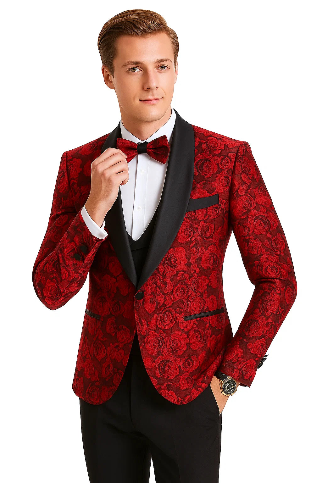 Red/Black Prom Tuxedo Suit - Red/Black Wedding Suit - Men's One Button Slim Fit Shiny Paisley Floral Vested Prom Tuxedo