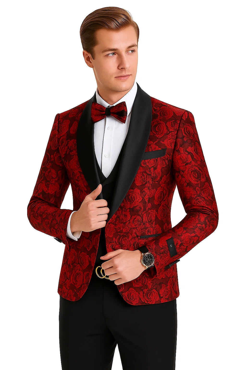 Red/Black Prom Tuxedo Suit - Red/Black Wedding Suit - Men's One Button Slim Fit Shiny Paisley Floral Vested Prom Tuxedo
