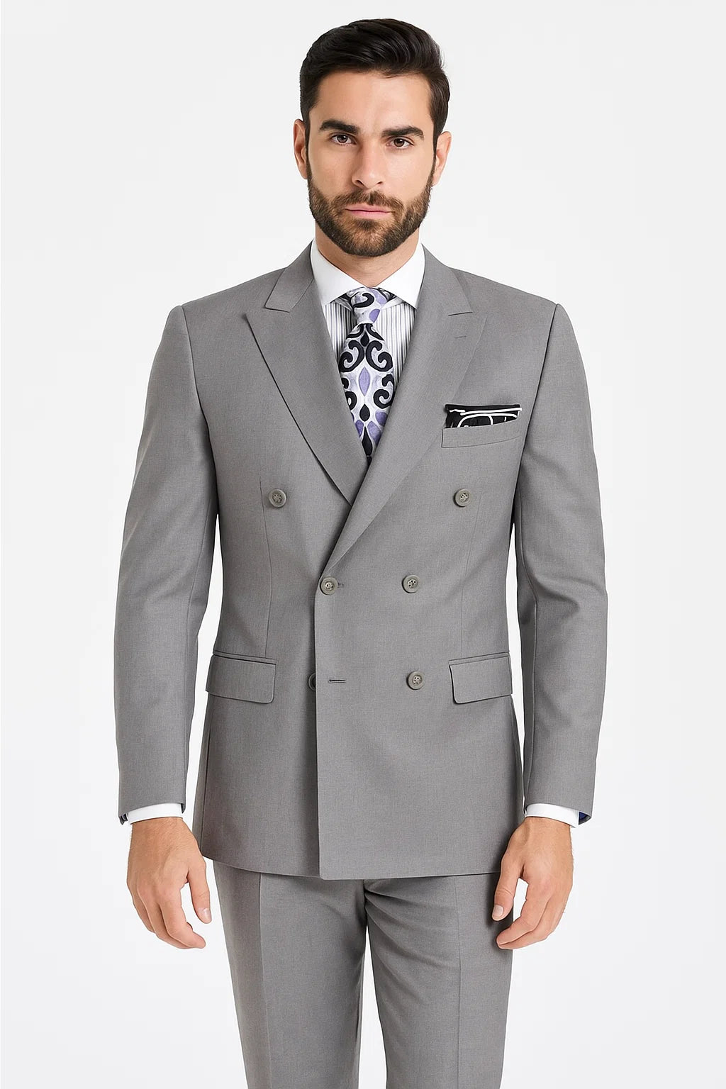 Mens Classic Double Breasted Luxury Wool Light Grey Feel Suit