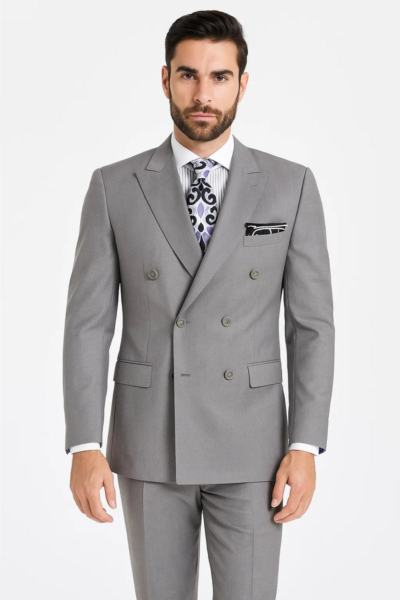 Mens Classic Double Breasted Luxury Wool Light Grey Feel Suit