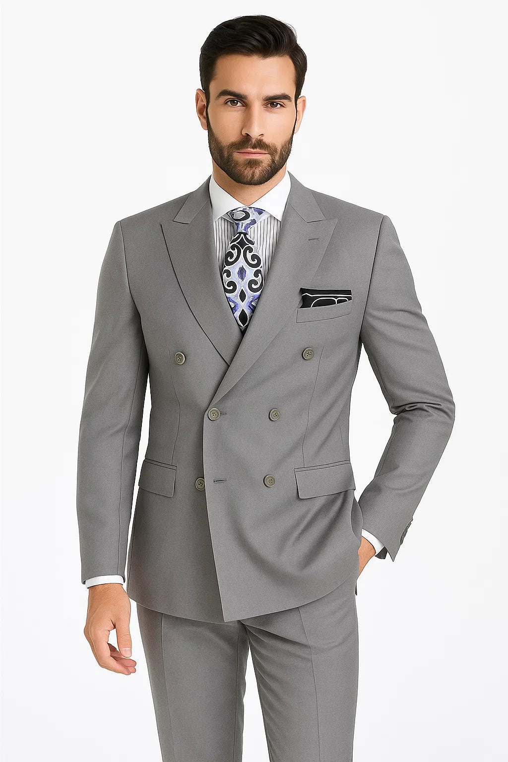 Mens Classic Double Breasted Luxury Wool Light Grey Feel Suit