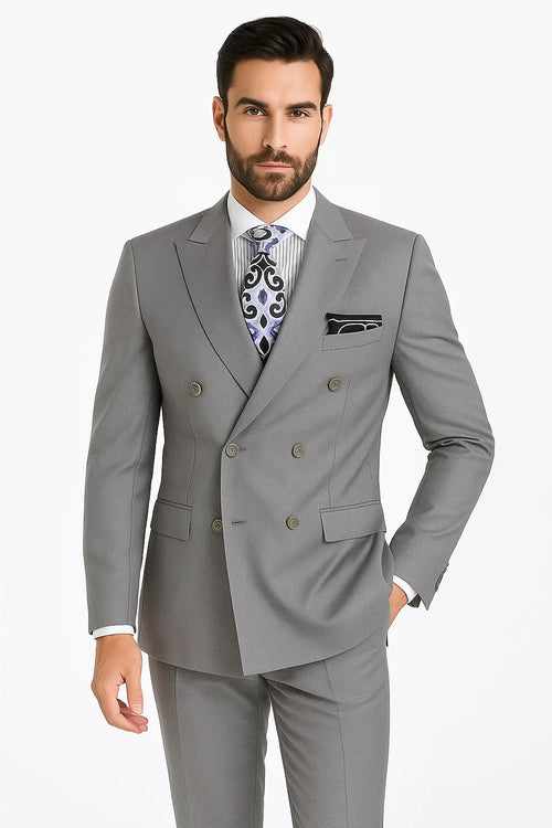 Mens Classic Double Breasted Luxury Wool Light Grey Feel Suit