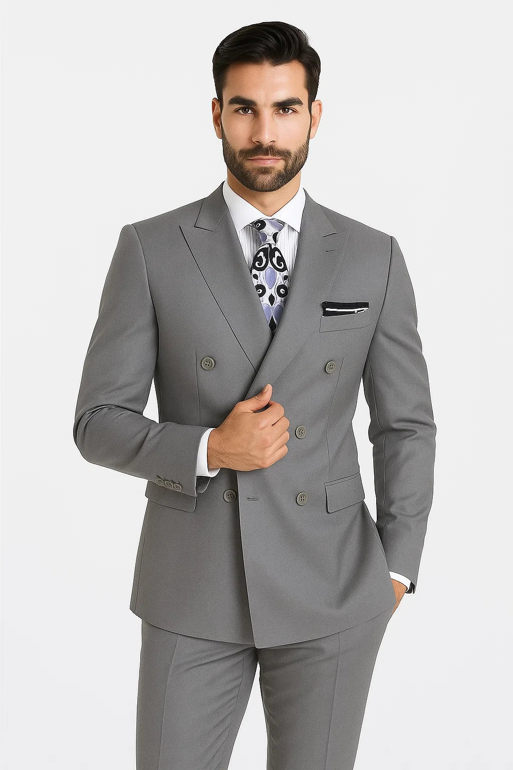 Mens Classic Double Breasted Luxury Wool Light Grey Feel Suit