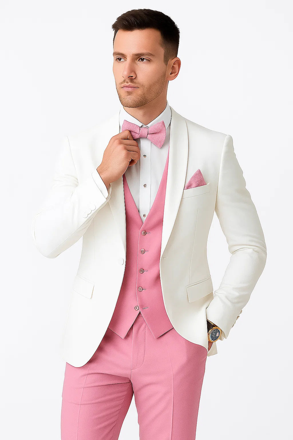 White and Light Pink Tuxedo Wedding Suit - White Dinner Jacket + Vest + Pants + Bow-tie