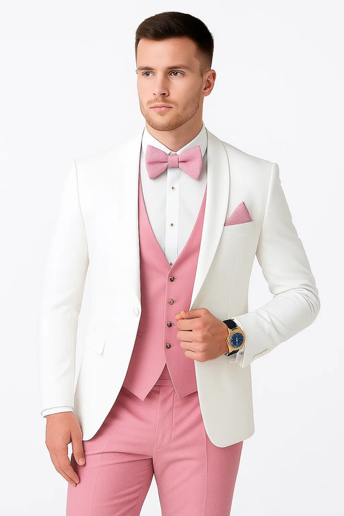 White and Light Pink Tuxedo Wedding Suit - White Dinner Jacket + Vest + Pants + Bow-tie