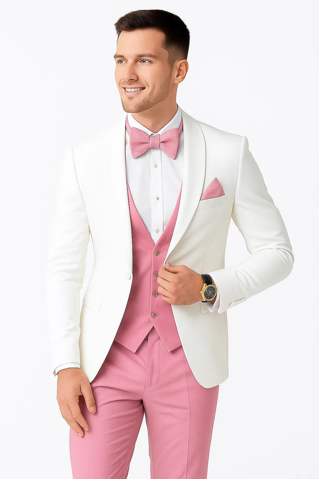 White and Light Pink Tuxedo Wedding Suit - White Dinner Jacket + Vest + Pants + Bow-tie