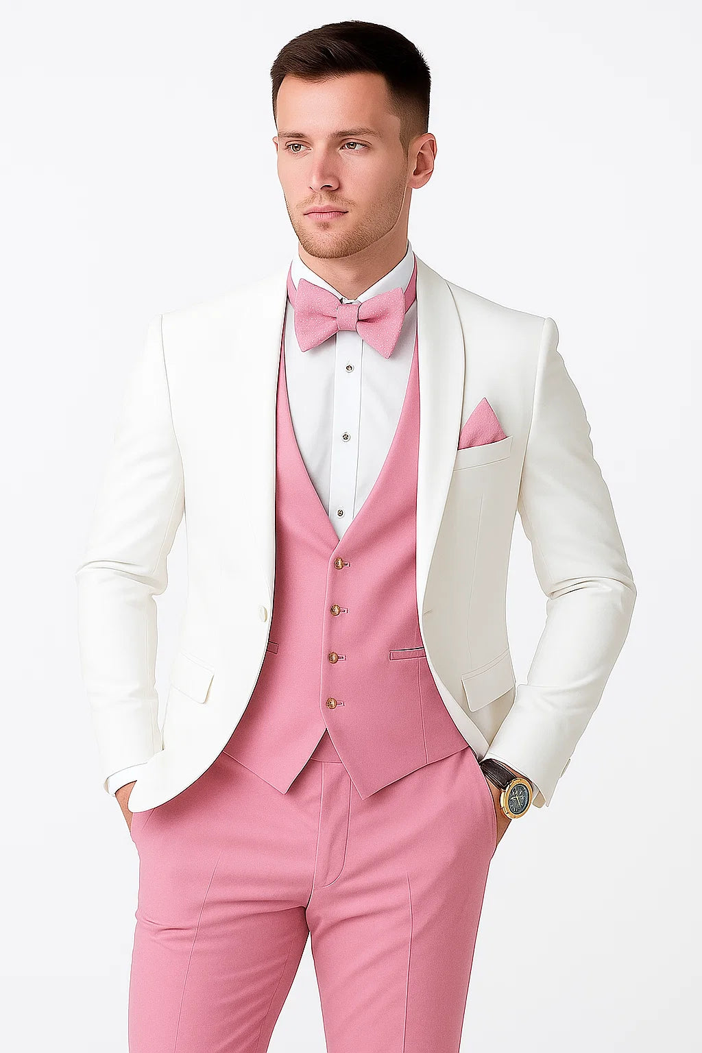 White and Light Pink Tuxedo Wedding Suit - White Dinner Jacket + Vest + Pants + Bow-tie