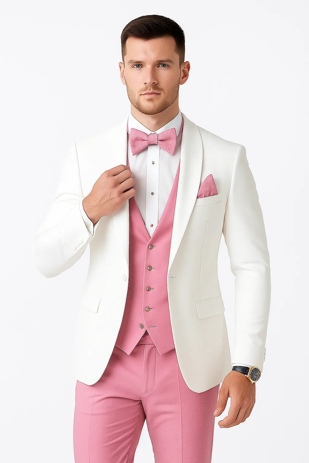 White and Light Pink Tuxedo Wedding Suit - White Dinner Jacket + Vest + Pants + Bow-tie