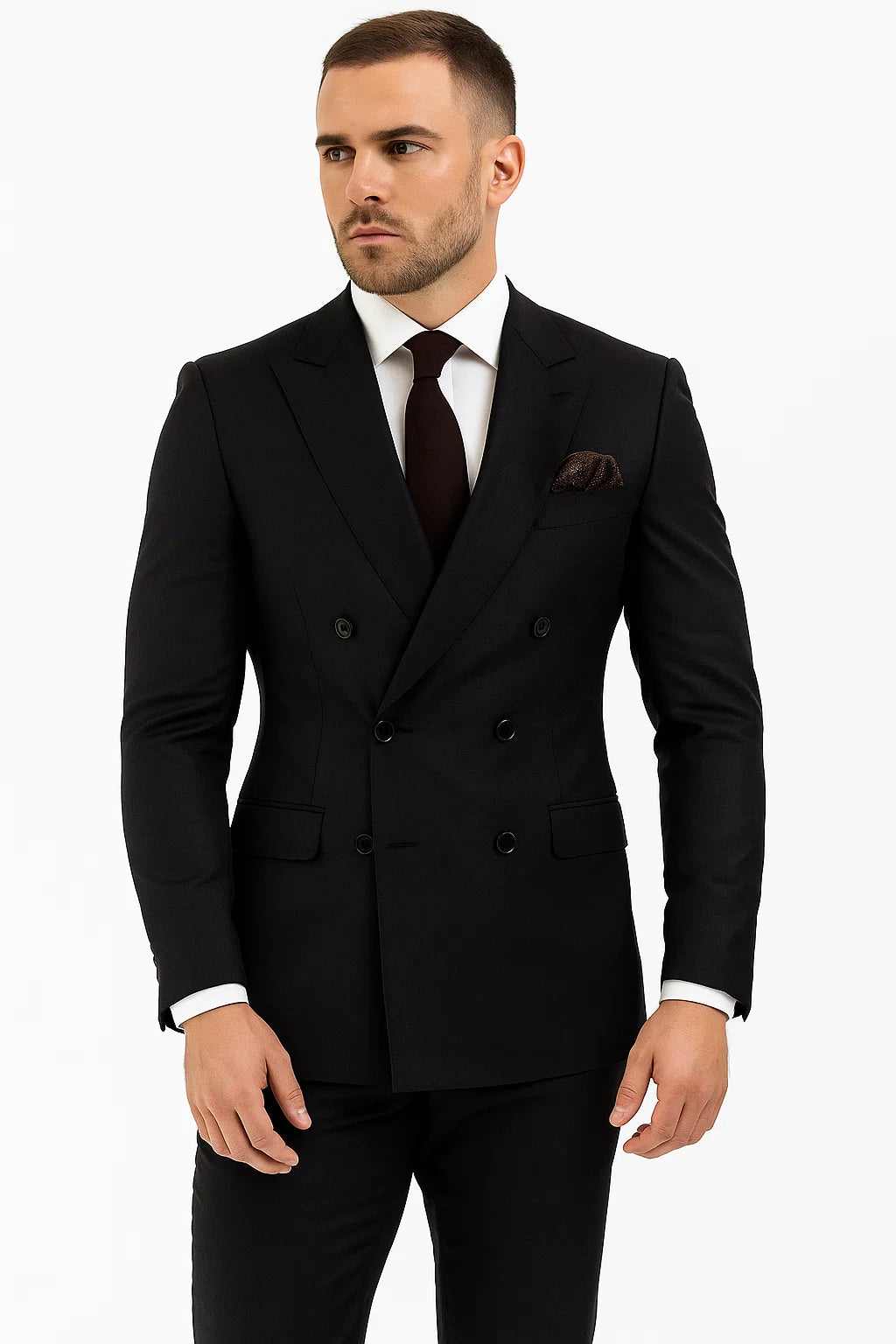 Double Breasted Slim Fit Suit - Dark Gray Suit - Tapred Fit Pants