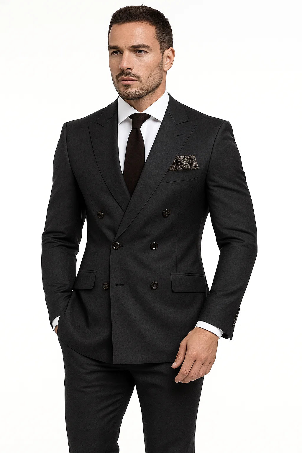 Double Breasted Slim Fit Suit - Dark Gray Suit - Tapred Fit Pants