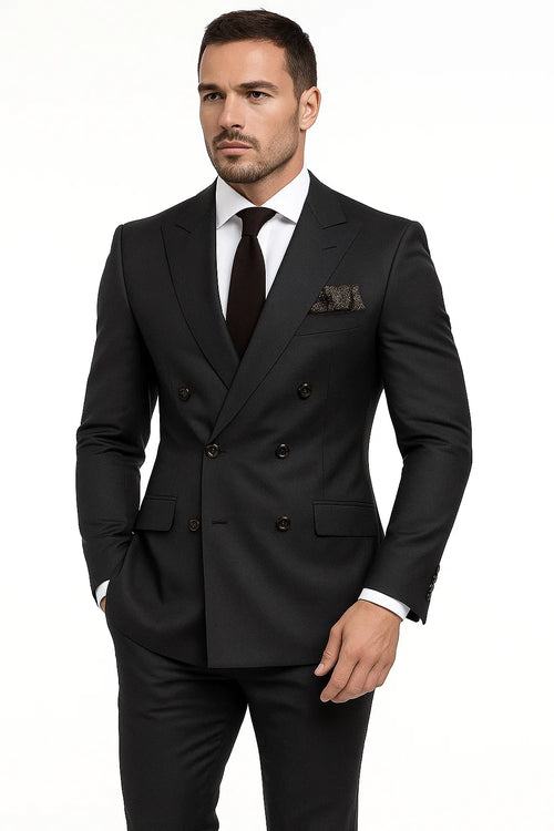 Double Breasted Slim Fit Suit - Dark Gray Suit - Tapred Fit Pants