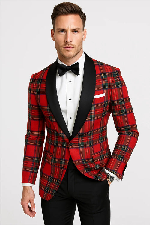 Cheap Tuxedos - Affordable Prom Suit - Men's Holiday Christmas Red Tartan Plaid Blazer